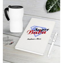 BK Gift Kişiye Özel Süper Baba Beyaz Defter Kalem Termos Mug Seti-5