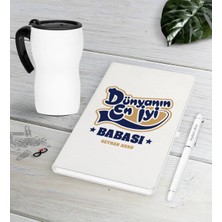 BK Gift Kişiye Özel Dünyanın En Iyi Babası Beyaz Defter Kalem Termos Mug Seti-2