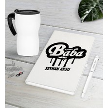 BK Gift Kişiye Özel Kahraman Baba Beyaz Defter Kalem Termos Mug Seti