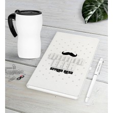 BK Gift Kişiye Özel Kahraman Baba Beyaz Defter Kalem Termos Mug Seti-3