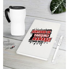 BK Gift Kişiye Özel Dünyanın En Yakışıklı Babası Beyaz Defter Kalem Termos Mug Seti-1
