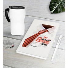 BK Gift Kişiye Özel Ilk Babalar Günün Kutlu Olsun Beyaz Defter Kalem Termos Mug Seti-4