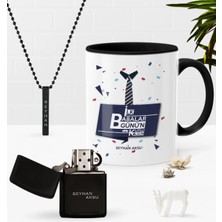 BK Gift Kişiye Özel Ilk Babalar Günün Kutlu Olsun Siyah Kupa Benzinli Çakmak Kolye Seti-1