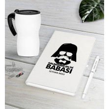 BK Gift Kişiye Özel Galaksinin En Iyi Babası Beyaz Defter Kalem Termos Mug Seti-2