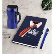 BK Gift Kişiye Özel Ilk Babalar Günün Kutlu Olsun Lacivert Defter Kalem Termos Mug Seti-4