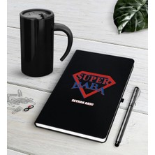 BK Gift Kişiye Özel Süper Baba Siyah Defter Kalem Termos Mug Seti-3