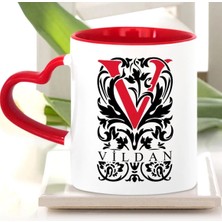 BK Gift Kişiye Özel V Harfi Kırmızı Kalpli Kupa Bardak (Model 2)