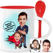 BK Gift Babalar Gününe Özel Baba Kız Karikatür Kırmızı Kaşıklı Kupa Bardak - 2