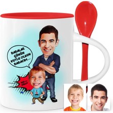 BK Gift Babalar Gününe Özel Baba Oğul Karikatür Kırmızı Kaşıklı Kupa Bardak - 2