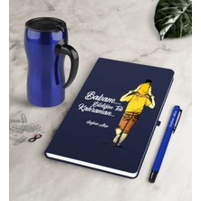 BK Gift Kişiye Özel Babam Bildiğim Tek Kahraman Lacivert Defter Kalem Termos Mug Seti