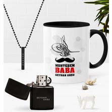 BK Gift Kişiye Özel Muhteşem Baba Siyah Kupa Benzinli Çakmak Kolye Seti