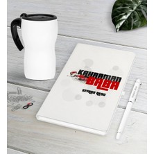 BK Gift Kişiye Özel Kahraman Baba Beyaz Defter Kalem Termos Mug Seti-2
