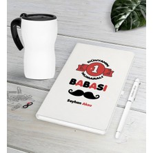 BK Gift Kişiye Özel Dünyanın 1 Numaralı Babası Beyaz Defter Kalem Termos Mug Seti