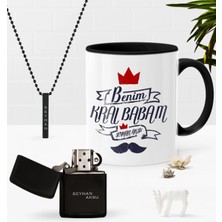 BK Gift Kişiye Özel Benim Kral Babam Siyah Kupa Benzinli Çakmak Kolye Seti