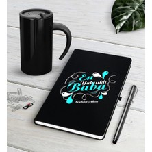 BK Gift Kişiye Özel En Yakışıklı Baba Siyah Defter Kalem Termos Mug Seti