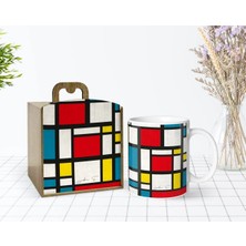 BK Gift Kişiye Özel Ahşap Kutuda Mondrian Tasarımlı Beyaz Kupa Bardak-1