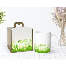 BK Gift Kişiye Özel Ahşap Kutuda Papatya Temalı Beyaz Kupa Bardak-3