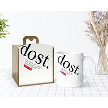 BK Gift Kişiye Özel Ahşap Kutuda Dost Anlamı Tasarımlı Beyaz Kupa Bardak-1