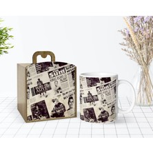 BK Gift Kişiye Özel Ahşap Kutuda Retro Newspaper Tasarımlı Beyaz Kupa Bardak-1