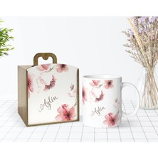 BK Gift Kişiye Özel Ahşap Kutuda Çiçek Desenli Beyaz Kupa Bardak-4
