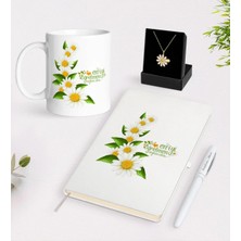 BK Gift Kişiye Özel Papatya Temalı En Iyi Öğretmen Beyaz Kupa Defter Kalem ve Isimli Papatya Kolye Hediye Seti-8