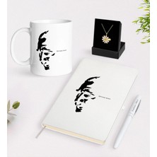 BK Gift Kişiye Özel Atatürk Temalı Beyaz Kupa Defter Kalem ve Isimli Papatya Kolye Hediye Seti-7
