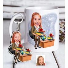 BK Gift Kişiye Özel Bayan Öğretmen Karikatürlü Beyaz Kupa ve Anahtarlık Hediye Seti-4