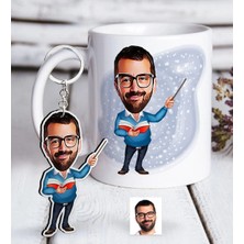 BK Gift Kişiye Özel Bay Öğretmen Karikatürlü Beyaz Kupa ve Anahtarlık Hediye Seti-4