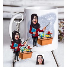 BK Gift Kişiye Özel Bayan Öğretmen Karikatürlü Beyaz Kupa ve Anahtarlık Hediye Seti-7