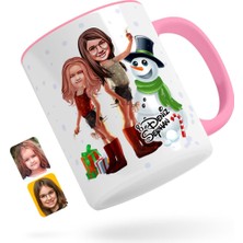 BK Gift Kişiye Özel Yeni Yıl Kız Kardeşler Karikatürlü Pembe Kupa Bardak-2