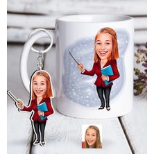 BK Gift Kişiye Özel Bayan Öğretmen Karikatürlü Beyaz Kupa ve Anahtarlık Hediye Seti-3