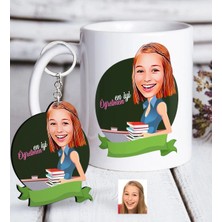 BK Gift Kişiye Özel Bayan En Iyi Öğretmen Karikatürlü Beyaz Kupa ve Anahtarlık Hediye Seti