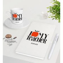 BK Gift Kişiye Özel Öğretmenimi Seviyorum Beyaz Defter Kalem Türk Kahvesi Fincanı Seti-3