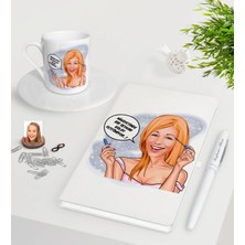 BK Gift Kişiye Özel Bayan Kolay Yetişmiyor Karikatürlü Beyaz Defter Kalem Türk Kahvesi Fincanı Seti-7