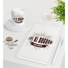 BK Gift Kişiye Özel Iyi Ki Doğdun Beyaz Defter Kalem Türk Kahvesi Fincanı Seti-3