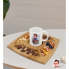 BK Gift Kişiye Özel Motorcu Çocuk Karikatürlü Beyaz Kupa ve Doğal Masif Ahşap 4 Bölmeli Sunum Tabağı Çerezlik Hediye Seti-1