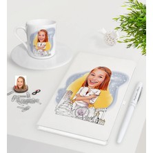 BK Gift Kişiye Özel Bayan Mimar Karikatürlü Beyaz Defter Kalem Türk Kahvesi Fincanı Seti-1