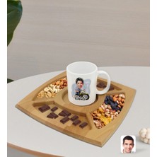 BK Gift Kişiye Özel Erkek Motorcu Karikatürlü Beyaz Kupa ve Doğal Masif Ahşap 4 Bölmeli Sunum Tabağı Çerezlik Hediye Seti-1