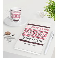 BK Gift Kişiye Özel El Sanatları Öğretmeni Beyaz Defter Kalem Türk Kahvesi Fincanı Seti