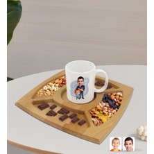 BK Gift Kişiye Özel Baba Oğul Karikatürlü Beyaz Kupa ve Doğal Masif Ahşap 4 Bölmeli Sunum Tabağı Çerezlik Hediye Seti-2