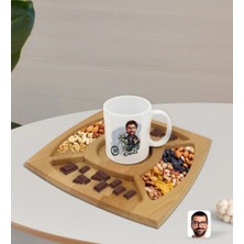 BK Gift Kişiye Özel Erkek Motorcu Karikatürlü Beyaz Kupa ve Doğal Masif Ahşap 4 Bölmeli Sunum Tabağı Çerezlik Hediye Seti-4