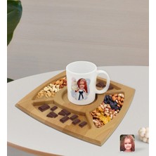 BK Gift Kişiye Özel Çocuk Doğum Günü Karikatürlü Beyaz Kupa ve Doğal Masif Ahşap 4 Bölmeli Sunum Tabağı Çerezlik Hediye Seti-2