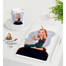 BK Gift Kişiye Özel Bayan Yoga Karikatürlü Beyaz Defter Kalem Türk Kahvesi Fincanı Seti-2
