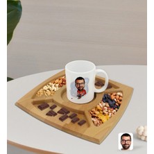 BK Gift Kişiye Özel Hokeyci Karikatürlü Beyaz Kupa ve Doğal Masif Ahşap 4 Bölmeli Sunum Tabağı Çerezlik Hediye Seti-1