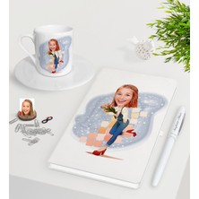 BK Gift Kişiye Özel Bayan Karikatürlü Beyaz Defter Kalem Türk Kahvesi Fincanı Seti-13