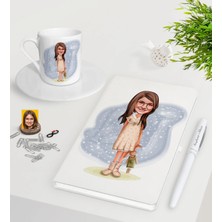 BK Gift Kişiye Özel Kız Çocuk Karikatürlü Beyaz Defter Kalem Türk Kahvesi Fincanı Seti-7