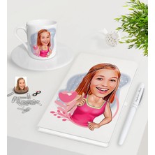 BK Gift Kişiye Özel Bayan Karikatürlü Beyaz Defter Kalem Türk Kahvesi Fincanı Seti-49