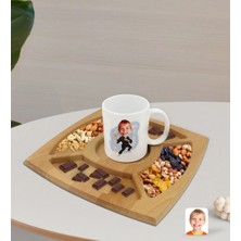 BK Gift Kişiye Özel Çocuk Karateci Karikatürlü Beyaz Kupa ve Doğal Masif Ahşap 4 Bölmeli Sunum Tabağı Çerezlik Hediye Seti-1