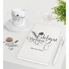BK Gift Kişiye Özel Edebiyat Öğretmeni Beyaz Defter Kalem Türk Kahvesi Fincanı Seti-1