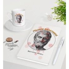 BK Gift Kişiye Özel Felsefe Öğretmeni Beyaz Defter Kalem Türk Kahvesi Fincanı Seti-1